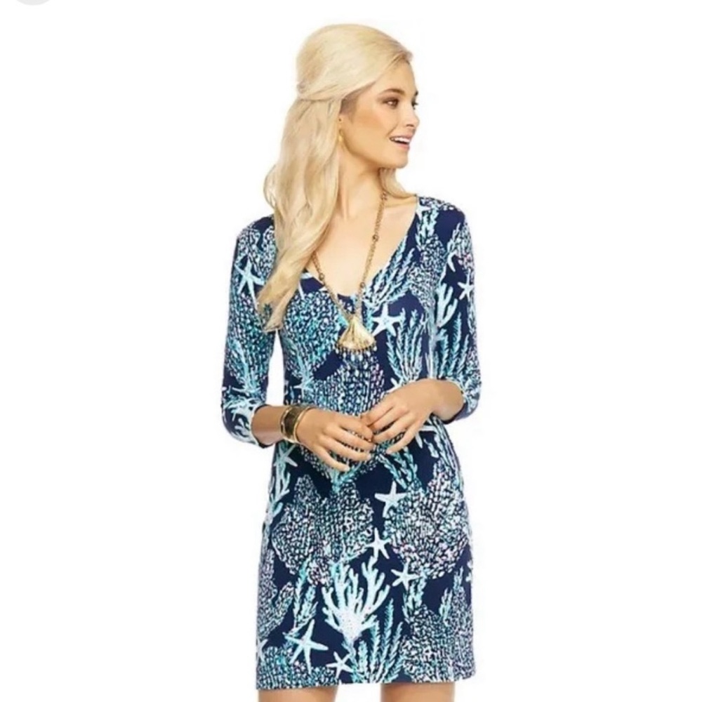 Lilly Pulitzer Navy Coral-Print V-Neck Sheath Dress